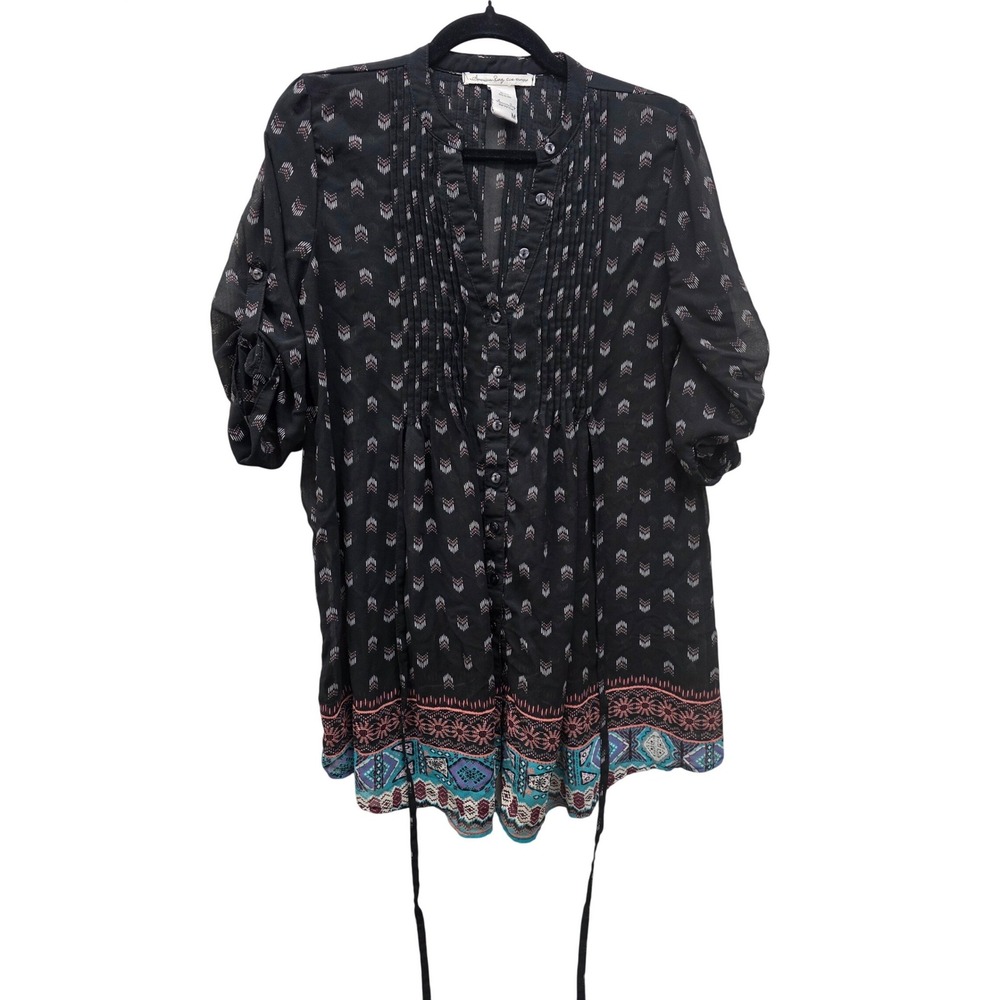American Rag Cie Womens Black Boho Print Pintuck Roll Tab‎ Sleeve Tunic Top Sz M